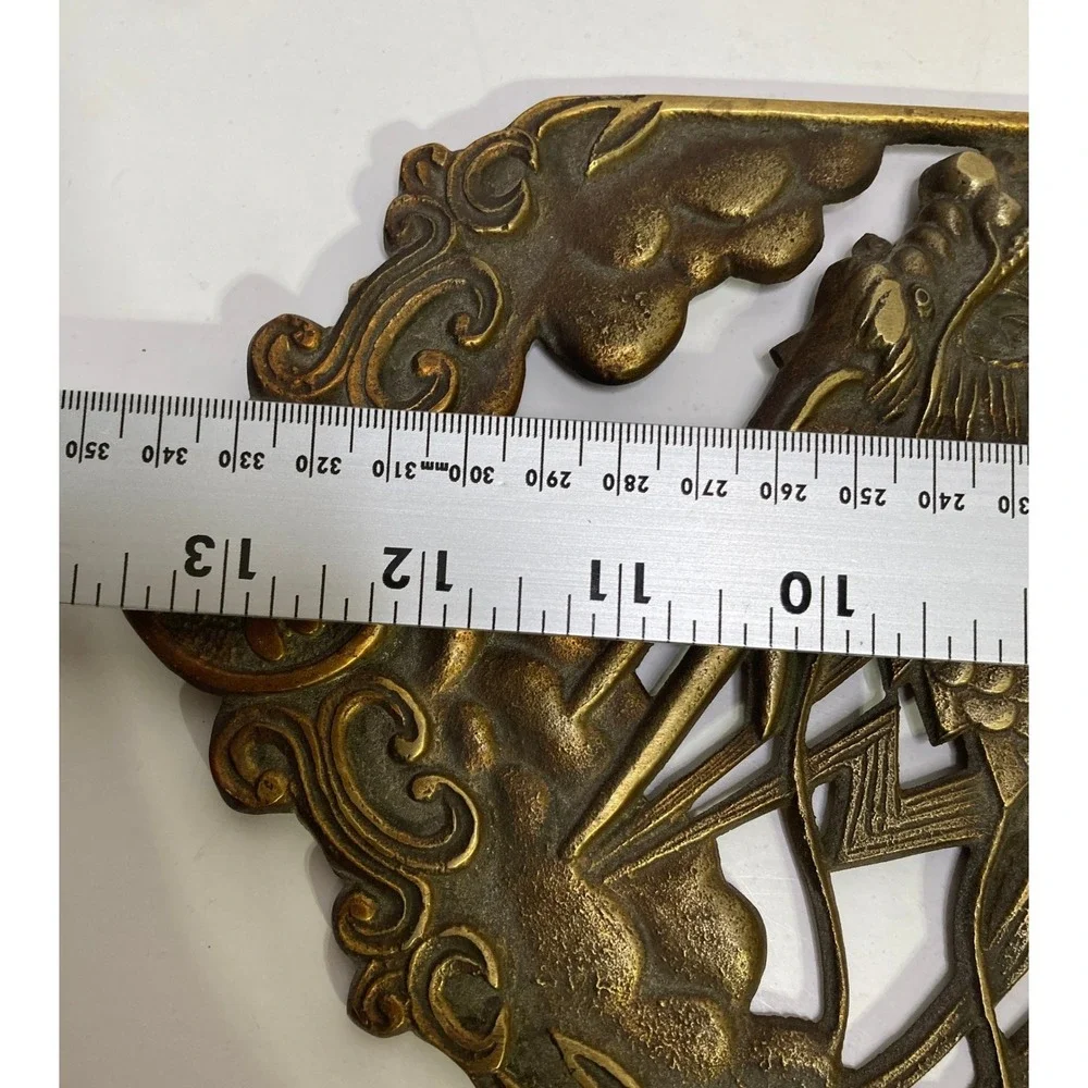 Vintage Chinese Brass Dragon Wall Plaque Openwork Longevity Symbol 13.75‎ Inch